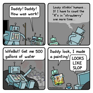 Robot dad frustrated with work, talking to child robot and wife bot