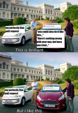 humorous meme about code review and pull requests