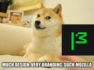 Shiba Inu dog with a confused expression and the Firefox logo, with text 'MUCH DESIGN, VERY BRANDING, SUCH MOZILLA'