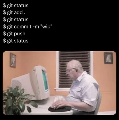 Elderly man sitting at a computer with a confused expression, representing a developer's repetitive Git workflow.