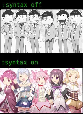 Meme comparing Osomatsu-san characters labeled syntax off with colorful anime girls labeled syntax on
