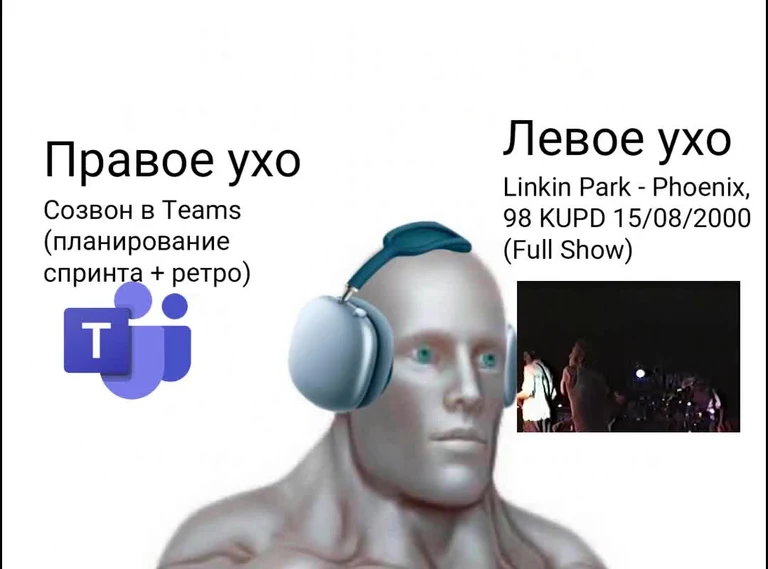 Teams meeting conflict meme with robot wearing headphones