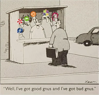 cartoon of man talking to booth with people having social media logos for heads