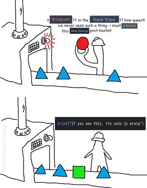 Two-panel pixel-art comic: a stick-figure developer examines a red breakpoint ball in the top panel, then in the bottom