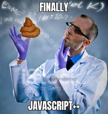 man in lab coat holding poop near face with equations on chalkboard