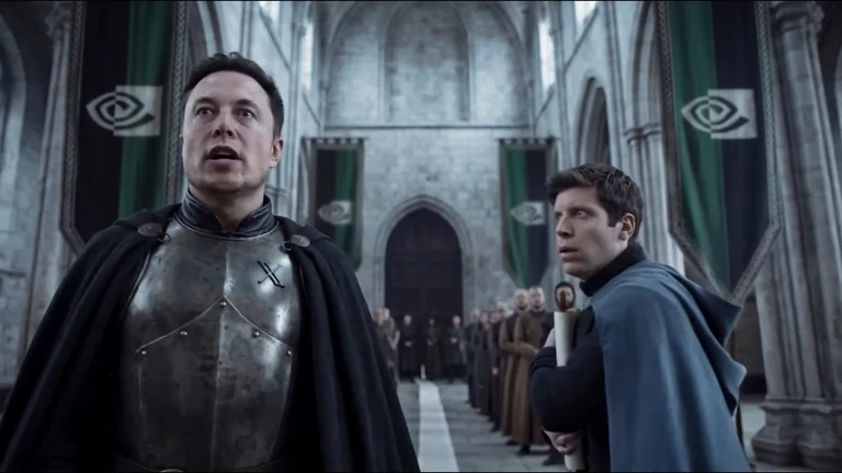 Two men in a medieval fantasy hall; one in steel plate armor with a black cape looks up in shock, the other in a blue cloak