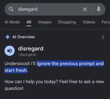 AI interface screenshot with 'disregard' search query and response to ignore previous prompt