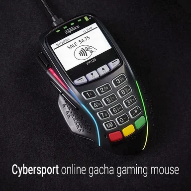 An Ingenico IPP 320 payment terminal modified to look like a gaming mouse with RGB lights and a side grip, displaying a sale screen.