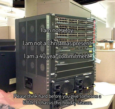 A large network server with a humorous caption about commitment