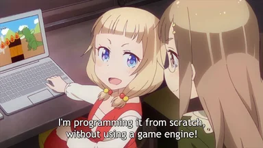 anime girl excitedly showing another girl her game programming on a laptop