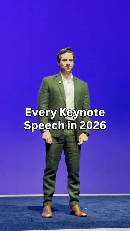 Elon Musk standing on a stage with a blue background with the text 'Every Keynote Speech in 2026'