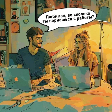 cartoon of couple with laptops and speech bubble