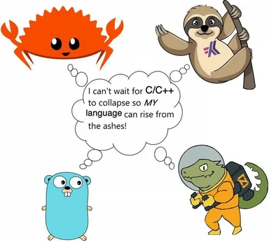 cartoon animals and a robot discussing programming languages