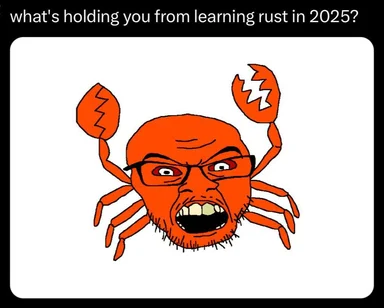 angry crab with glasses and text 'what's holding you from learning rust in 2025?'
