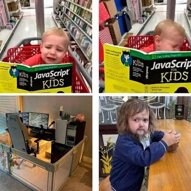 Collage of children in unusual situations related to programming and work