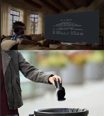 man in VR headset uses vim on giant screen then throws VR controller in trash