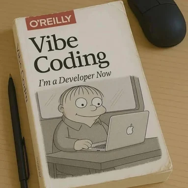 A parody O'Reilly book cover titled 'Vibe Coding, I'm a Developer Now'
