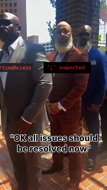 Three men in suits standing together with coding error messages overlaid