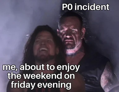 A dark, smoky scene of two men; a menacing figure labeled 'P0 incident' looms over a distressed man labeled 'me, about to
