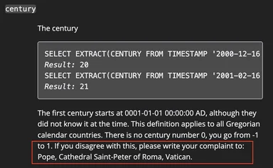 SQL query result for century extraction with humorous complaint to Pope