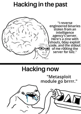 Hacking meme comparing past and present hacking skills