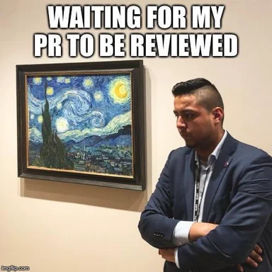Man in a suit looking at Starry Night painting with text 'WAITING FOR MY PR TO BE REVIEWED'