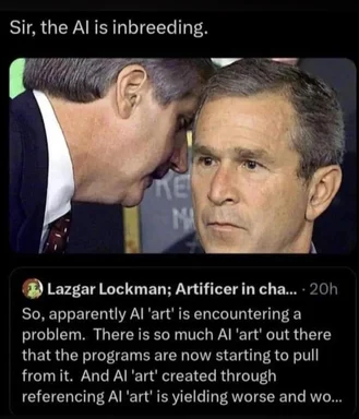Two men looking at each other with a caption about AI inbreeding