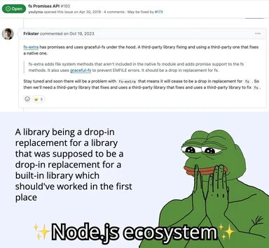 Pepe the Frog with a hand over his mouth, representing a library being a drop-in replacement for another library that was supposed to replace a built-in library in the Node.js ecosystem
