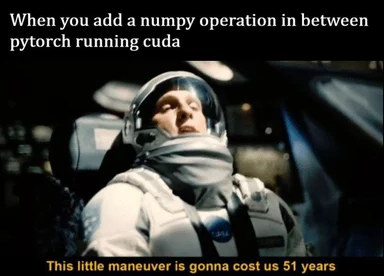 Astronaut in a spacesuit with a concerned expression, with text about adding a numpy operation between pytorch running cuda