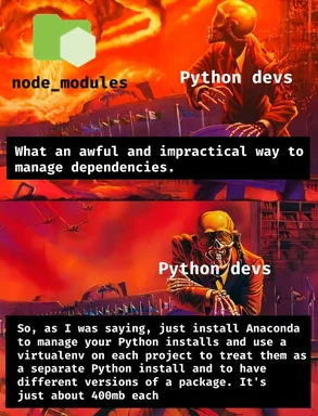 meme comparing node_modules and python package management