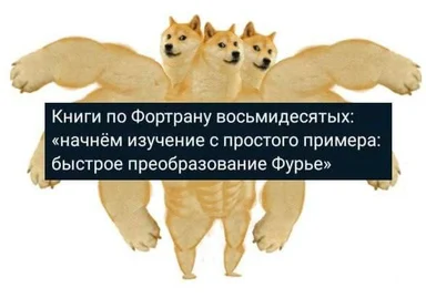 Three muscular doge meme with text about Fortran books