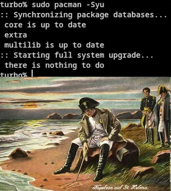 Napoleon sitting on a rock by the sea with two men standing behind him, looking dejected, with a humorous terminal output above about a system upgrade having nothing to do.
