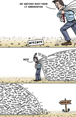 Cartoon of a man overwhelmed by IT abbreviations