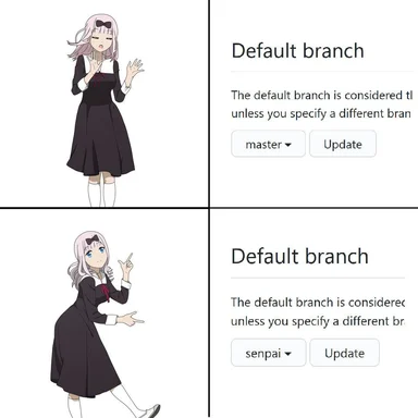 Cartoon character with pink hair in a black dress reacting to default branch options