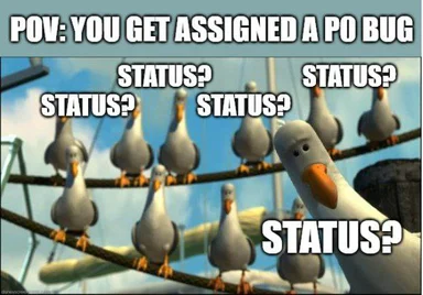 Seagulls on a power line with one looking annoyed, labeled 'POV: YOU GET ASSIGNED A PO BUG' and 'STATUS?'