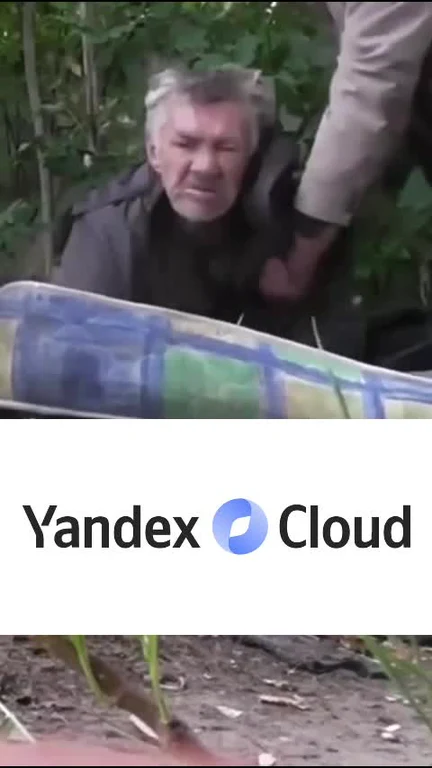 Older man with pained expression being grabbed by the shoulder outdoors, Yandex Cloud logo overlaid between two video frames