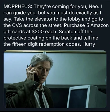 Morpheus from The Matrix on the phone instructing Neo to buy Amazon gift cards to escape, referencing AI hallucinations.