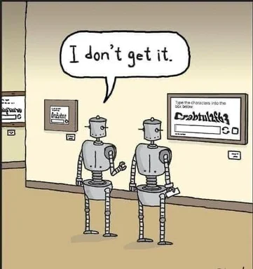 Two robots looking at CAPTCHA with one saying 'I don't get it'