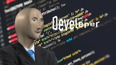 a bald man in a suit and tie standing in front of computer code with the word 'Develeper' on it
