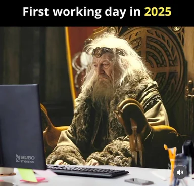Gandalf sitting at a desk with a computer, looking tired on the first working day in 2025