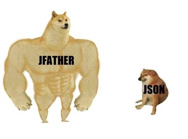 Dogue with muscular build labeled JFATHER and small dogue labeled JSON