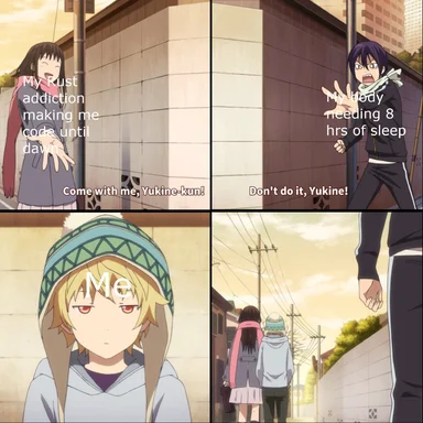 Anime-style meme depicting internal conflict between coding addiction and need for sleep