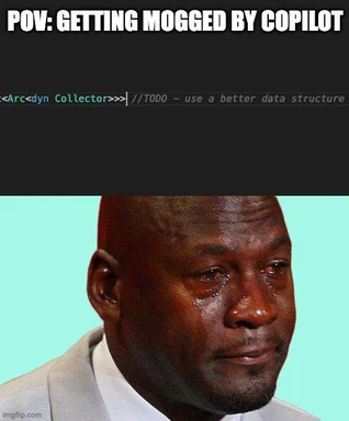 Man crying with sweat on his face with code on top