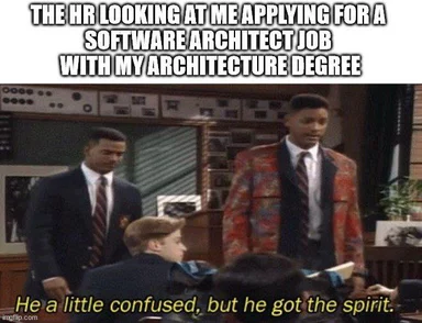 HR looking confused at job applicant with architecture degree applying for software architect