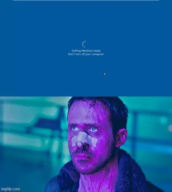 Man with bandages on his face looking worried with a Windows 'Getting Windows ready' screen above him