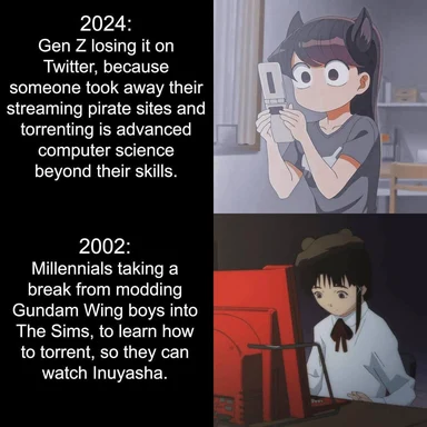 A meme comparing Gen Z and Millennials' experiences with torrenting and piracy