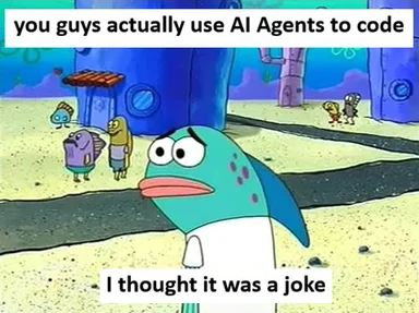 SpongeBob character looking surprised and concerned with text about AI Agents coding