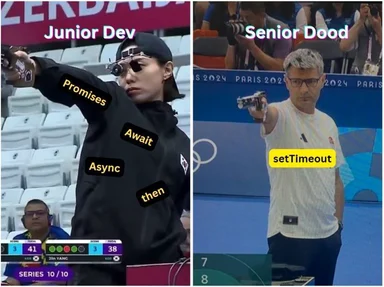 junior dev vs senior dev async promises then await setTimeout