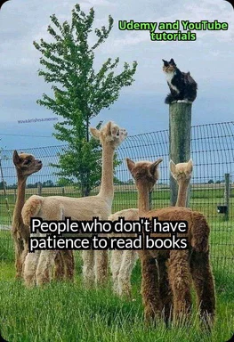 Alpacas looking up at a cat on a post, labeled as people who don't read books versus Udemy and YouTube tutorials.