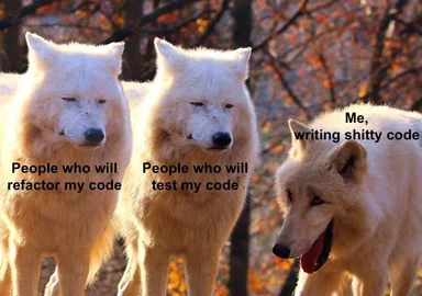 Three white wolves in an autumn forest; two look stern and serious while a tan wolf with its tongue out looks relaxed,